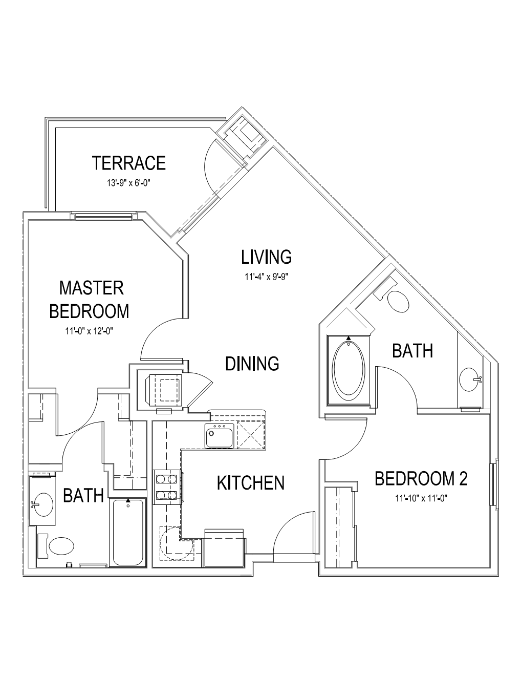 Floor plan for 2 beds, 2 baths, 842 sqft